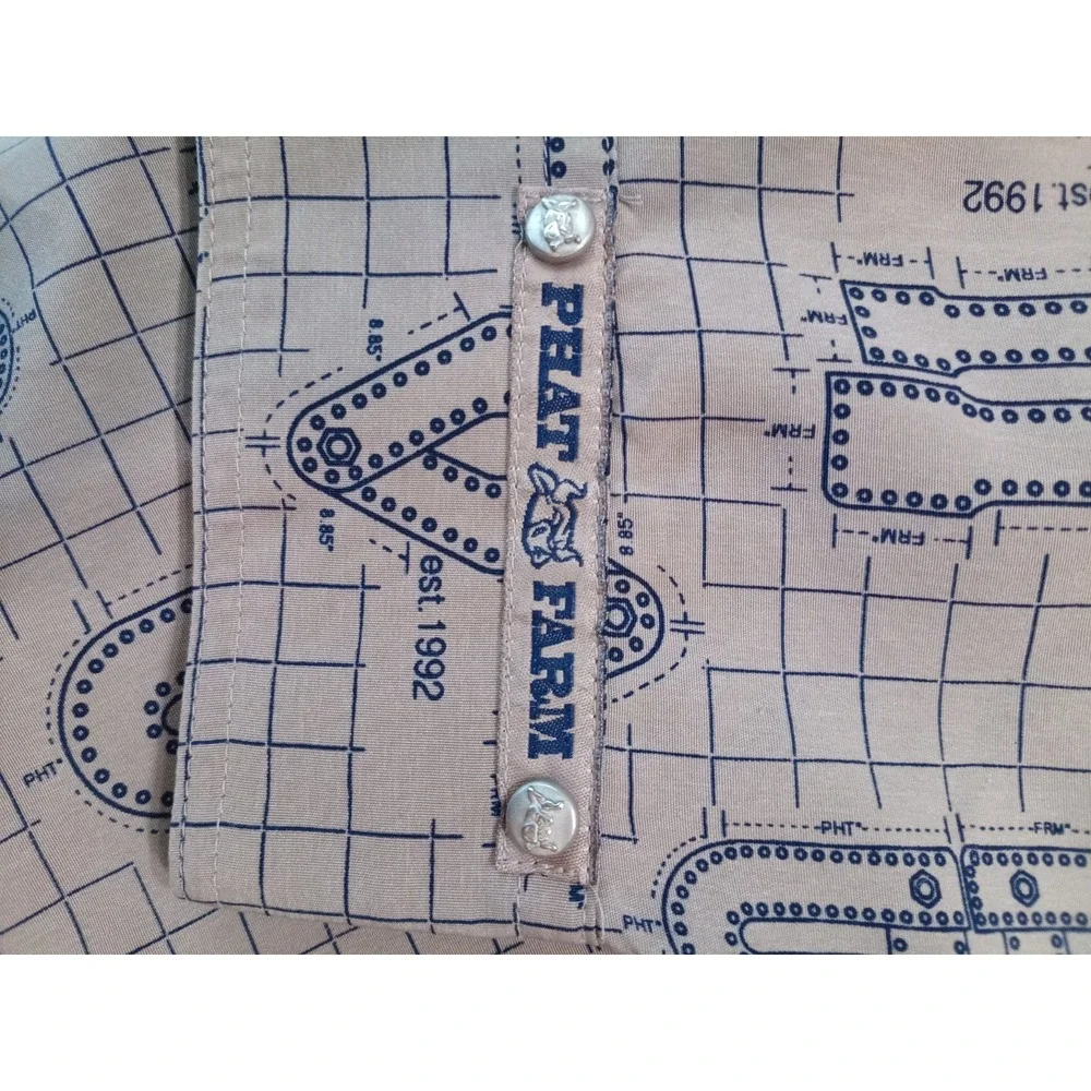 Phat Farm Men's Button Up Shirt Size Medium Beige Blue Allover Print Y2K Long